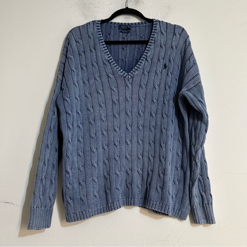 Polo Ralph Lauren Blue Cable Knit Pima Cotton V-Neck Sweater Fisherman Preppy